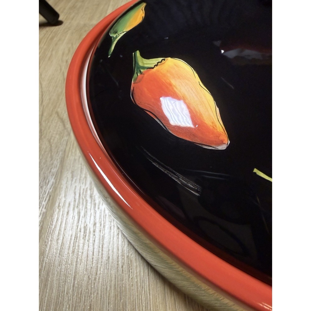 Clay Art Fiesta Yellow Green Red Peppers Black Lidded Covered Tortilla Warmer - Picture 5 of 10